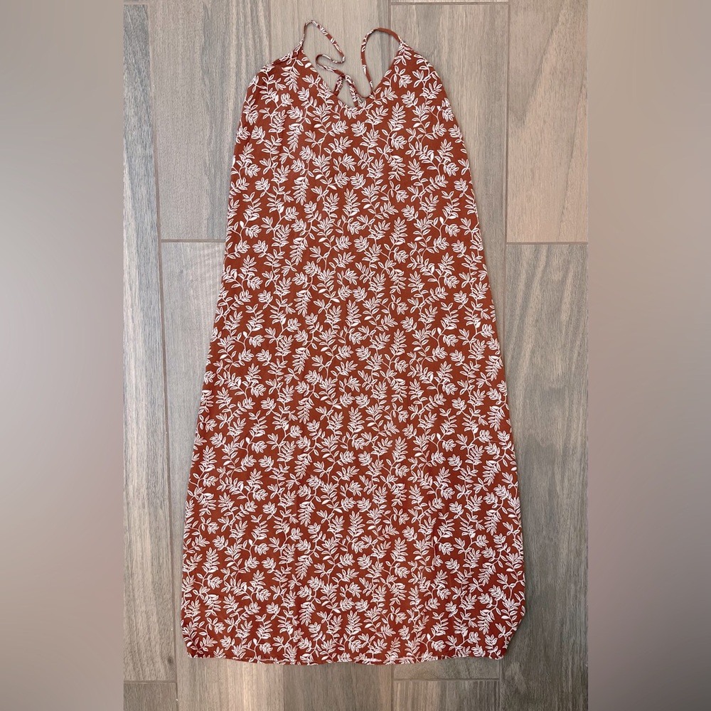 Old Navy Brown Rust Floral Leaves Midi Dress with White Print Medium